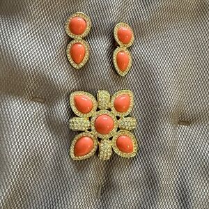 Gold and Coral Brooch Set